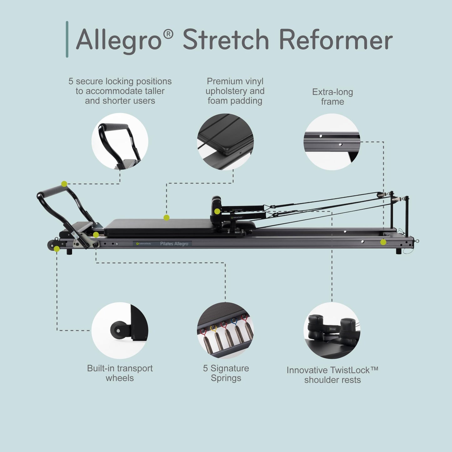 Balanced Body Allegro Stretch Reformer with 14-Inch Legs, Pilates Exercise Equipment for Home or Studio