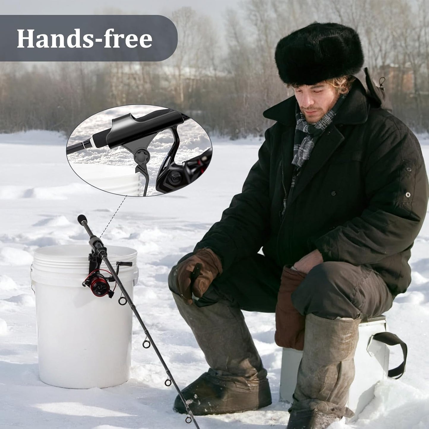 Adjustable Bucket Rod Holder for Ice Fishing - Clip-On Mount, Foldable & Adjustable Angle