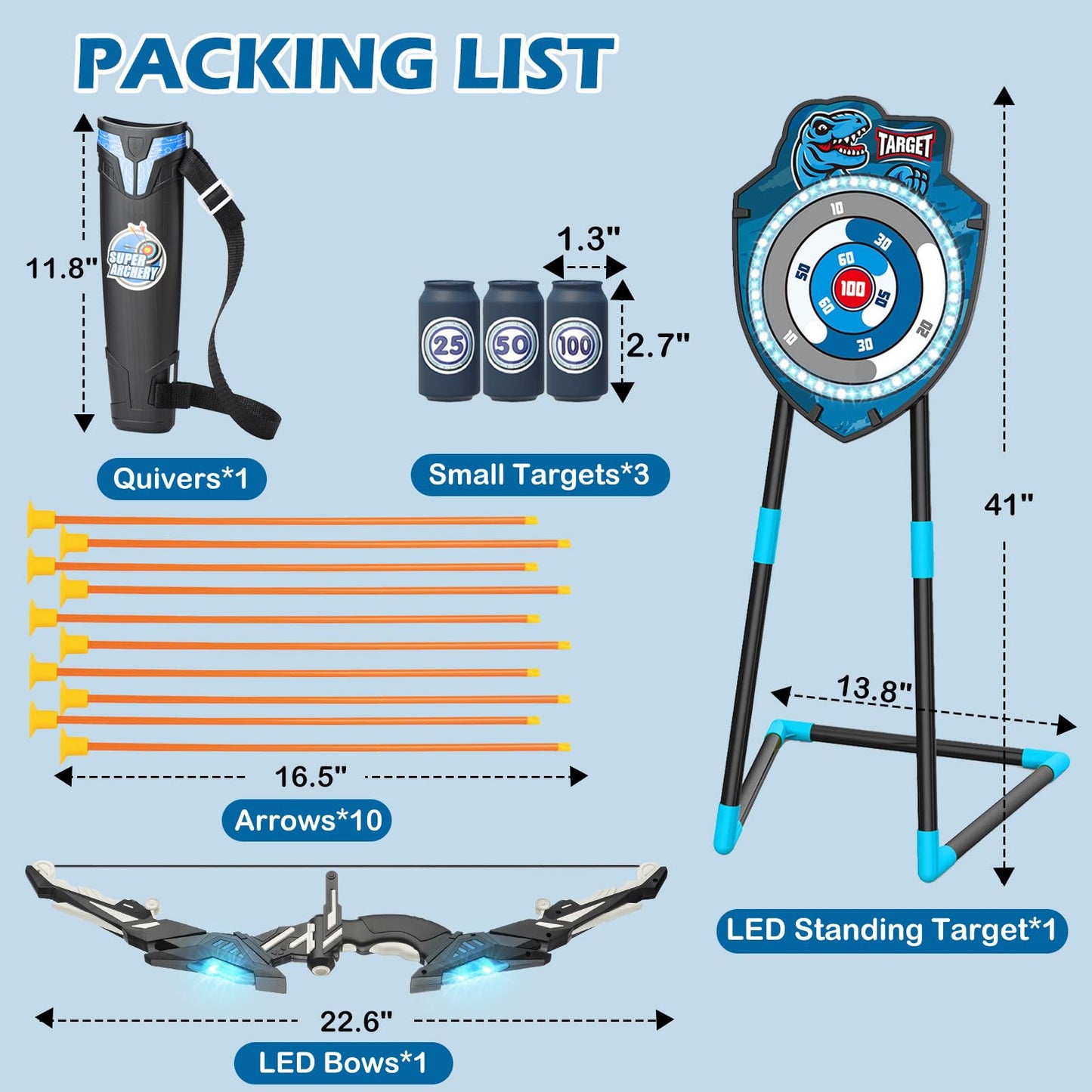 VROGTIK Kids LED Archery Set with Standing Target, 10 Suction Cup Arrows Bow and Arrow for Kids 3-12, Indoor Outdoor Sport Toy for Boys Girls