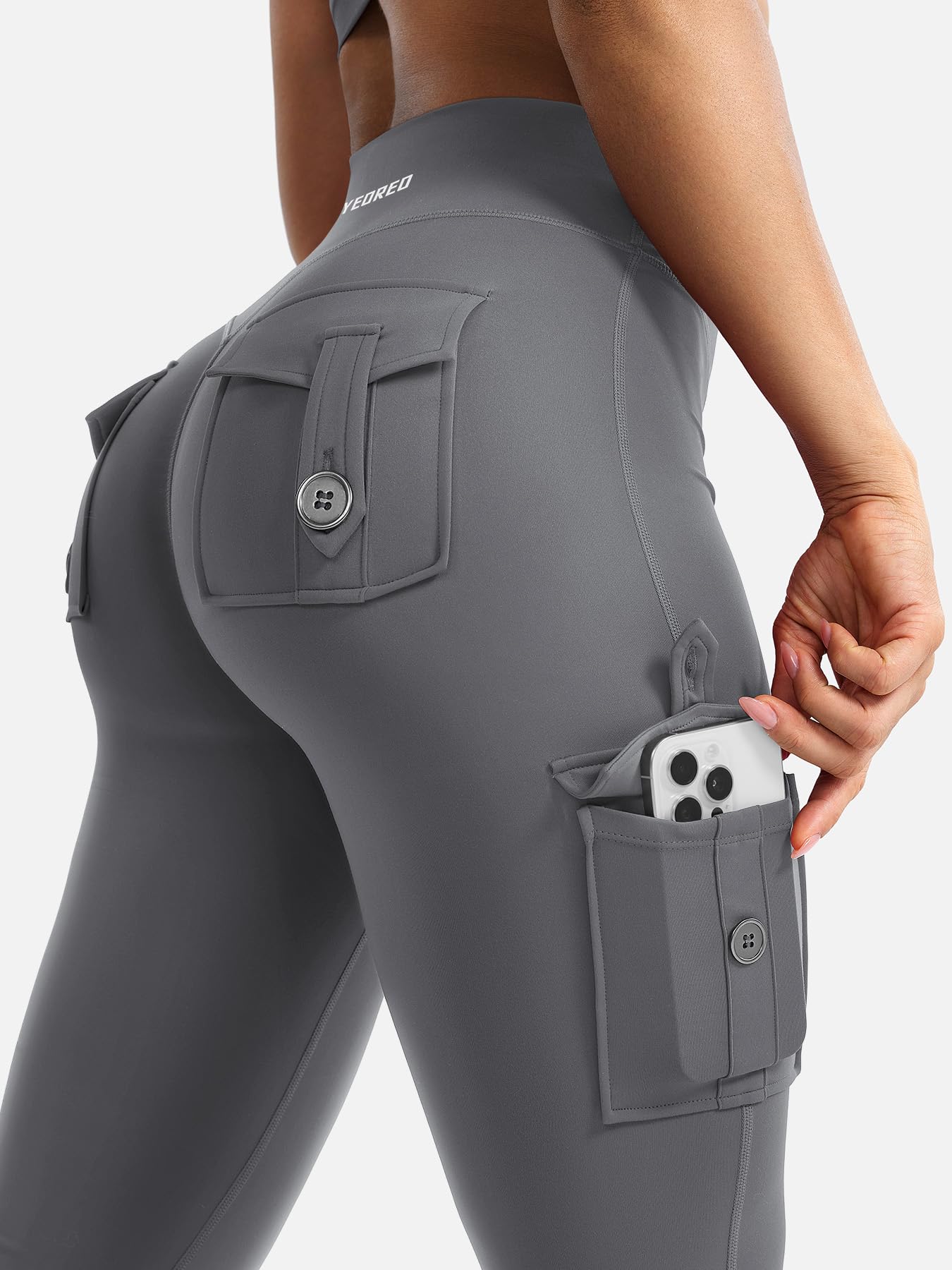 YEOREO CoreFlex Women Workout Flare Leggings with Pockets Hidden Scrunch High Waisted Cargo Gym Yoga No Front Seam Leggings Grey XS