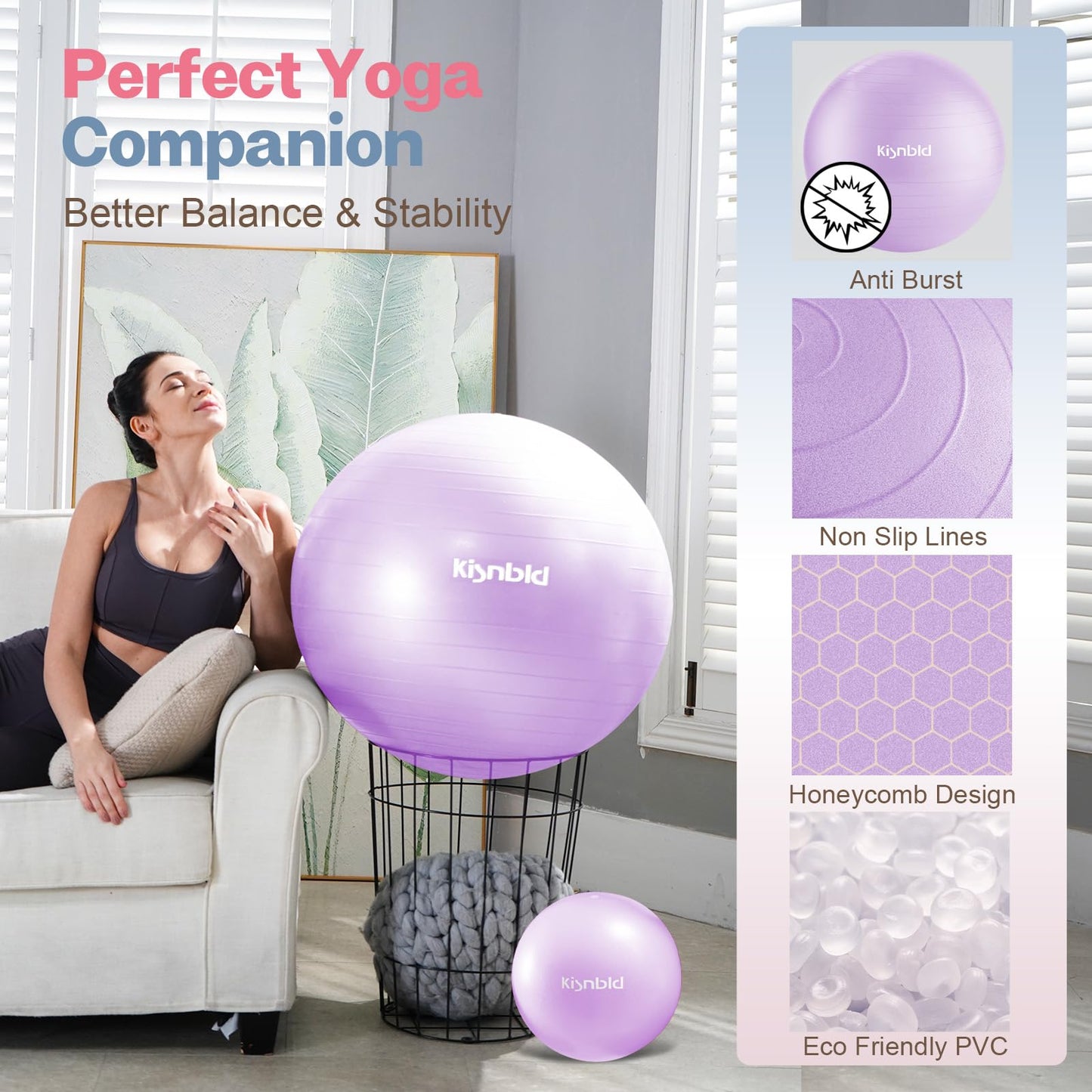 kisnbld Exercise Ball, Extra Thick Yoga Ball for Workout Pregnancy Stability, 4 Sizes Anti-Burst Balance Ball with Foot Pump - Heavy Duty Fitness Ball Chair for Office, Home & Gym