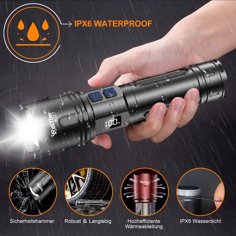Relybo Rechargeable Flashlights High Lumens, LED Flashlight 100000 Lumens, Super Bright High Powered Flashlights, Long Rang 5000 FT, 2 Switch, Powerful Flashlights for Home Emergency Camping
