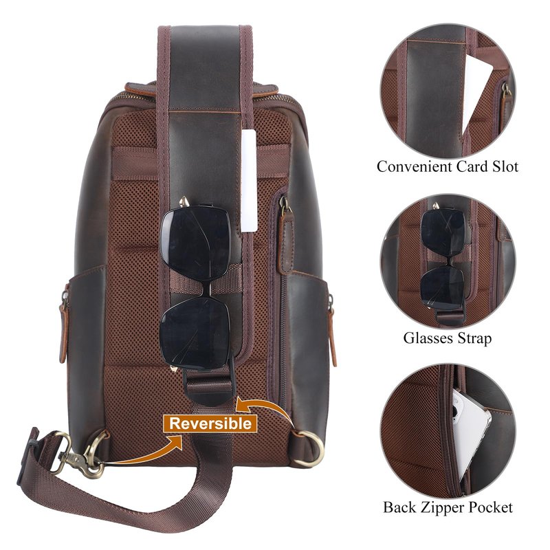 TIDING Genuine Leather Sling Bag Chest Pack for Men Casual Travel Shoulder Bag Sling Backpack fits 9.7" Tablet