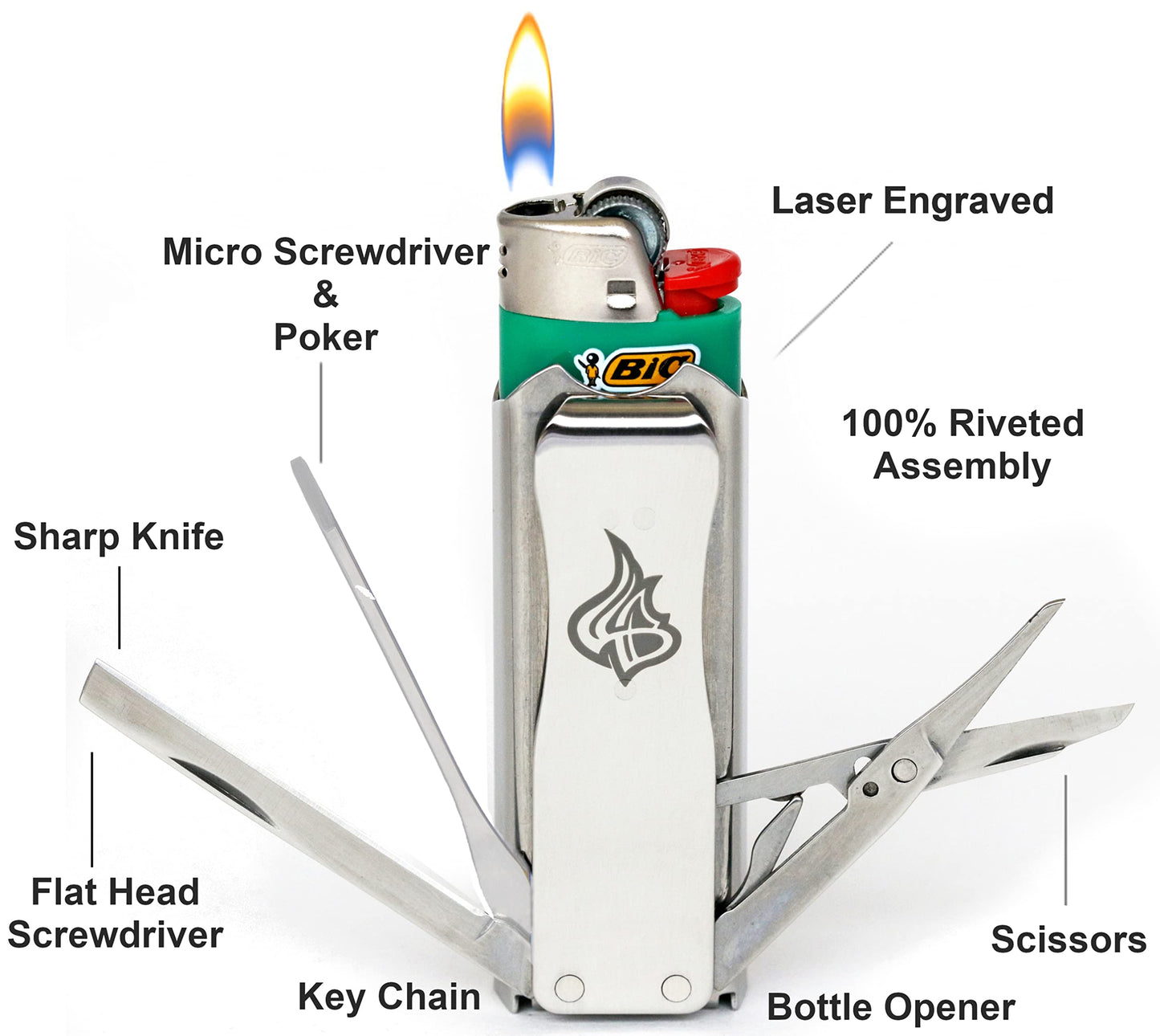 LighterBro Steel Icon - Stainless Steel Sleeve to Transform Your Pocket Lighter - Lighter Case with Poker, Super Sharp Knife & Scissors, Bottle Opener, Screwdrivers, & Keychain Holder