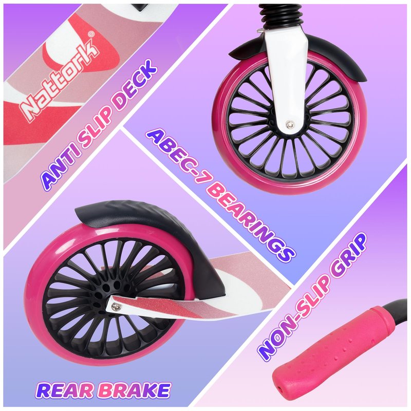Nattork Kick Scooter for Teens Adults, Max Load 240 LBS, Adjustable Height Foldable with 8" Large Wheels, Anti-Shock Suspension Hot Pink