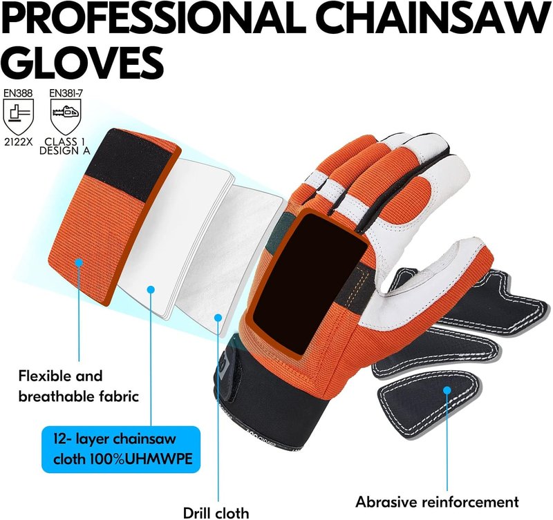 Chainsaw Gloves - 12-Layer Protection for Left Hand | Goat Leather Work Gloves for Mechanics
