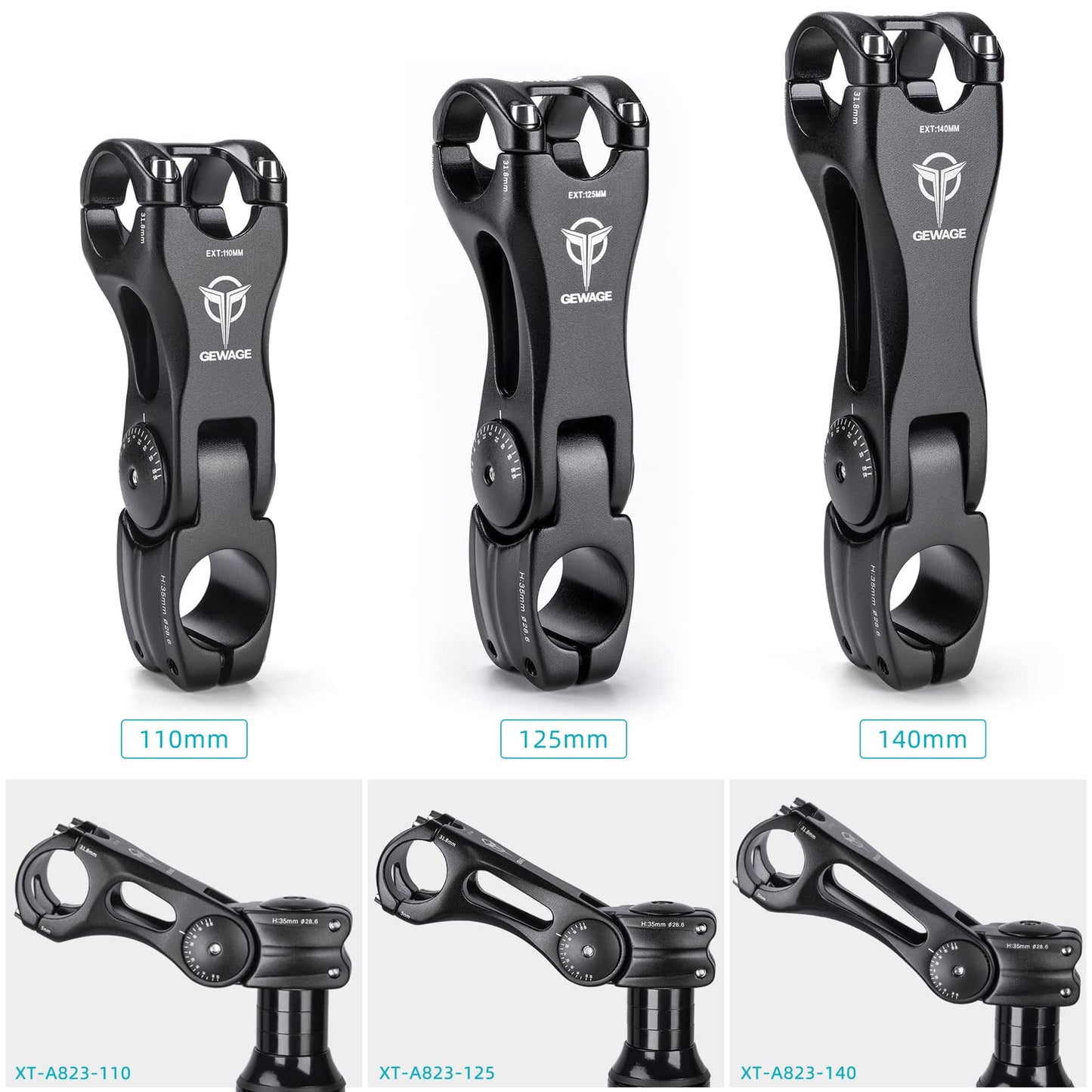 GEWAGE Bike Bicycle Stem - -65 ~ +45 Degree Adjustable Bike Stem- 140mm Bike Stem Riser for 31.8(1-1/4") Handlebars- Aluminum Alloy Mountain Bike Handlebar Riser Extender for Mountain Road City Bike