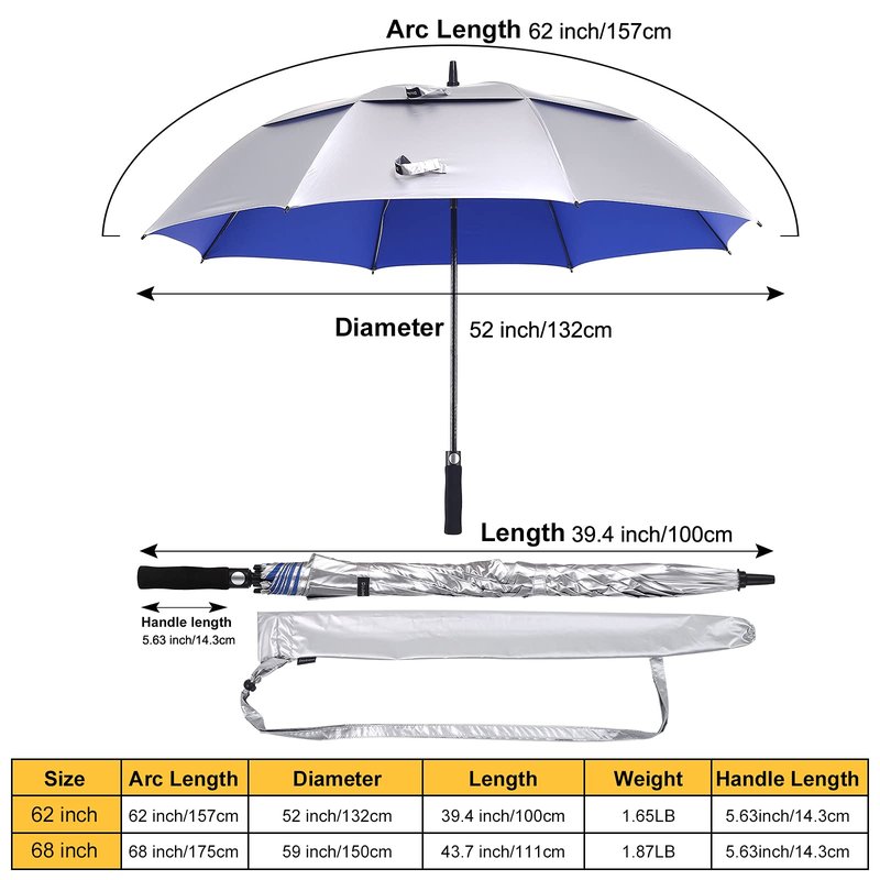 Doubwell UV protection golf umbrella 62/68 Inch UPF 50+ large umbrella automatic open windproof sturdy construction shade for blocking sun and rain (68 inch, Silver/Blue)