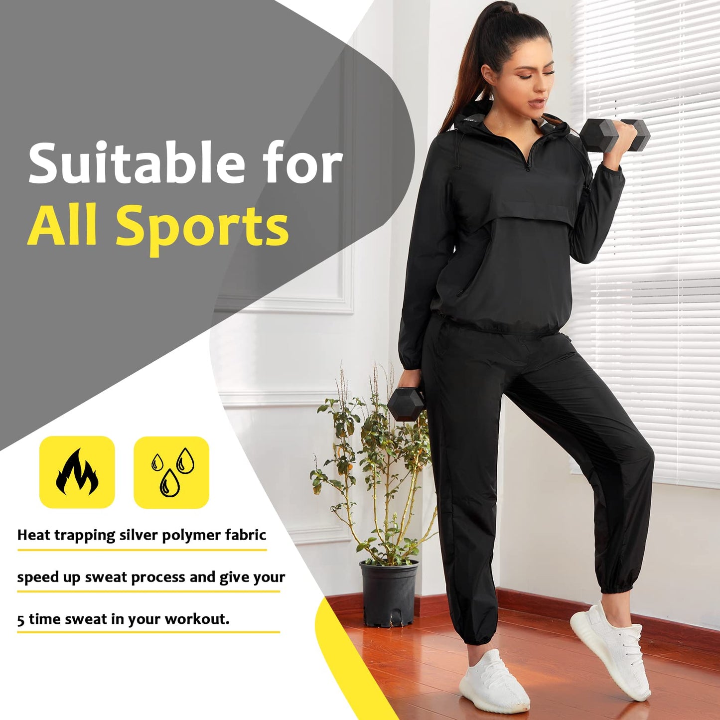 Junlan Sauna Suit for Women Sauna Pants Sweat Jacket Gym Workout Vest Sweat Suits for Women (Black Set(jacket and Pants),XX-Large)