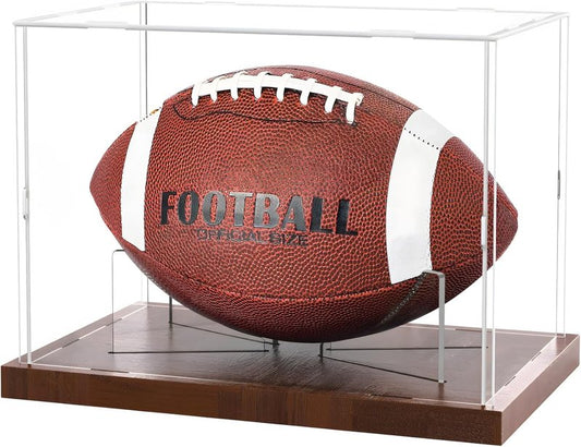 Acrylic Football Display Case - Full Size Stand Holder with Solid Wood Base | UV Protected for Fans & Collectors