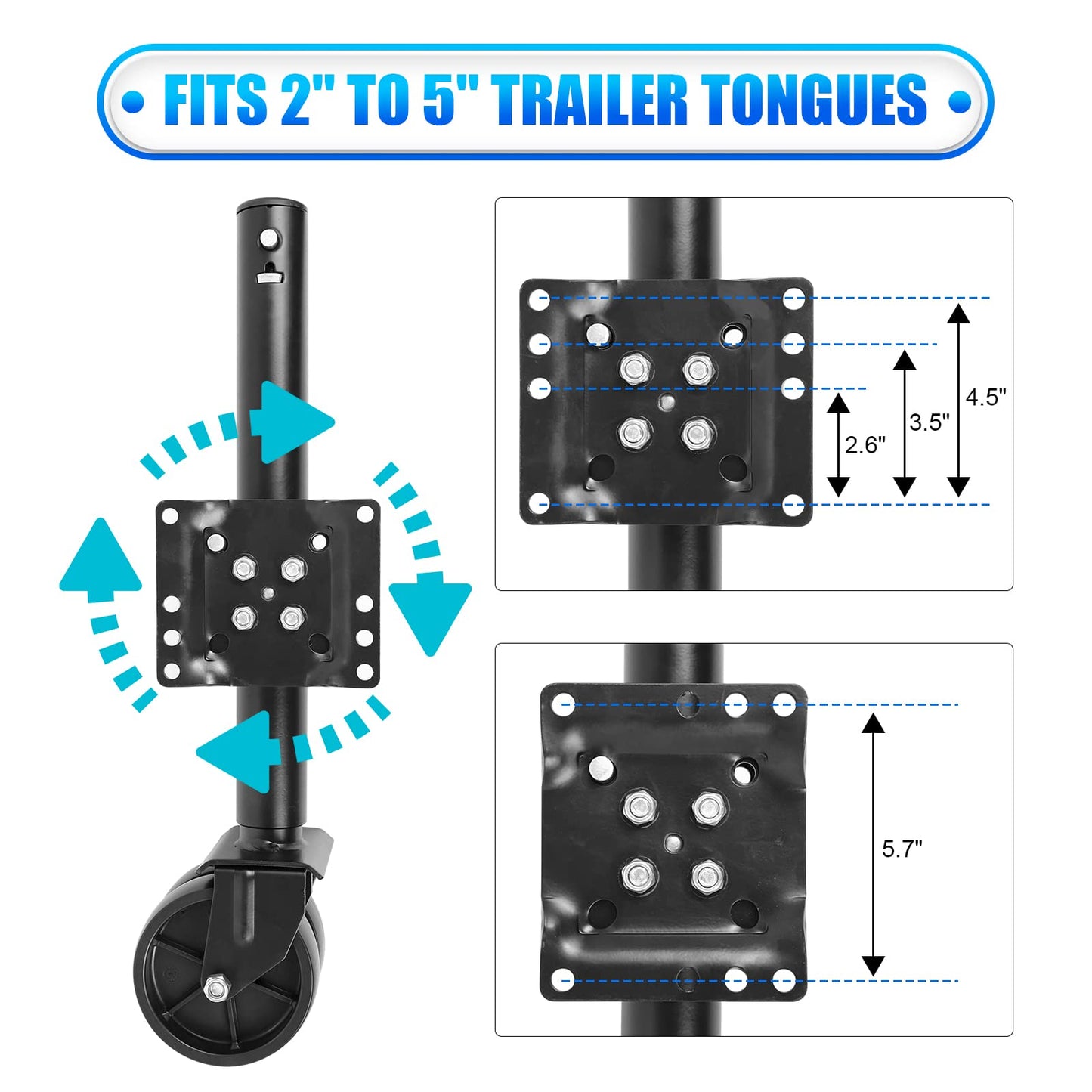 Trailer Jack with 6" Dual Wheels, 2000 lbs Swivel Side-Mount Jack for Boat Trailers, Utility Trailers and Campers, 12 Inch Lift Height Range 26"-38", Mounting Hardware Included