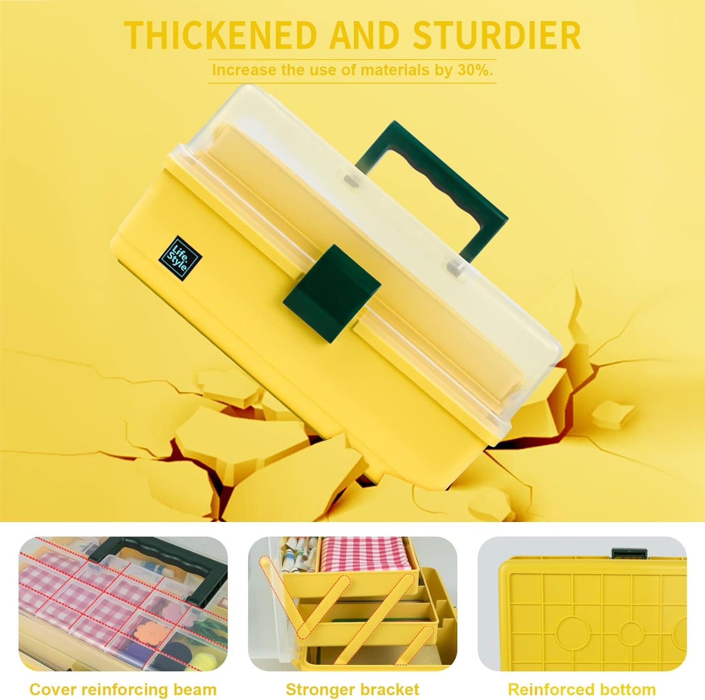 Art Craft Organizer Storage Box - 13-Inch 3-Layer Plastic Tool Box with Handle for Sewing, Art Supplies & Accessories | Yellow