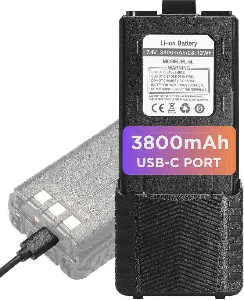 BAOFENG Extended 3800mAh Battery for UV-5R Series | USB-C Port, Black