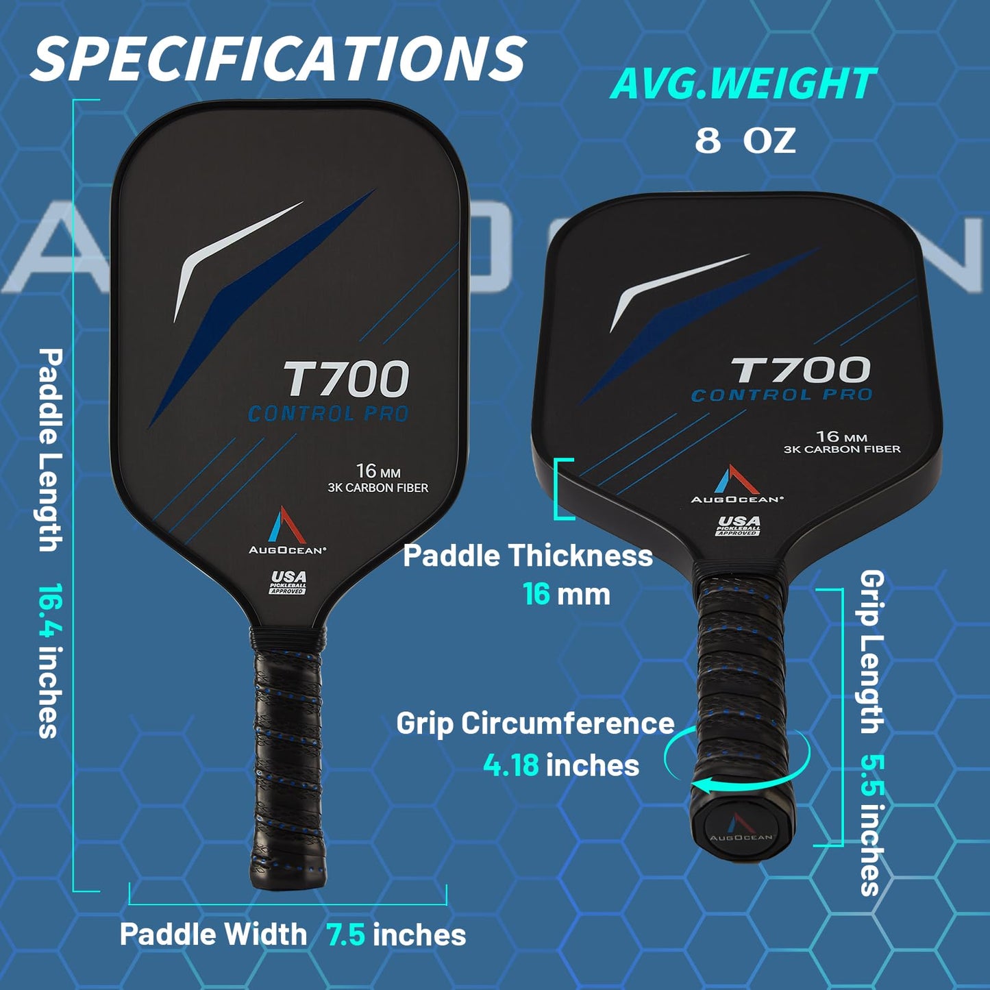 Pickleball Paddles,T700 Carbon Fiber Pickleball Paddle,USAPA Approved,16mm Polypropylene Core for Control & Power,Lightweight Pickle Ball Racket for Men & Women,Indoor & Outdoor Play