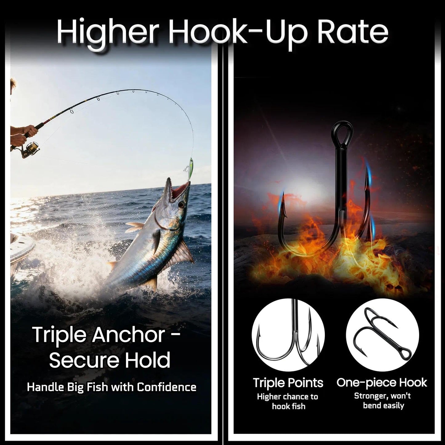 FishTrip 25pcs Fishing Treble Hooks, High Carbon Steel Triple Fishing Hooks with Ultra Brabed Sharp for Saltwater Freshwater Black, Treble Hook for Bass Trout Fishing Lures Replacement Size 16-4/0