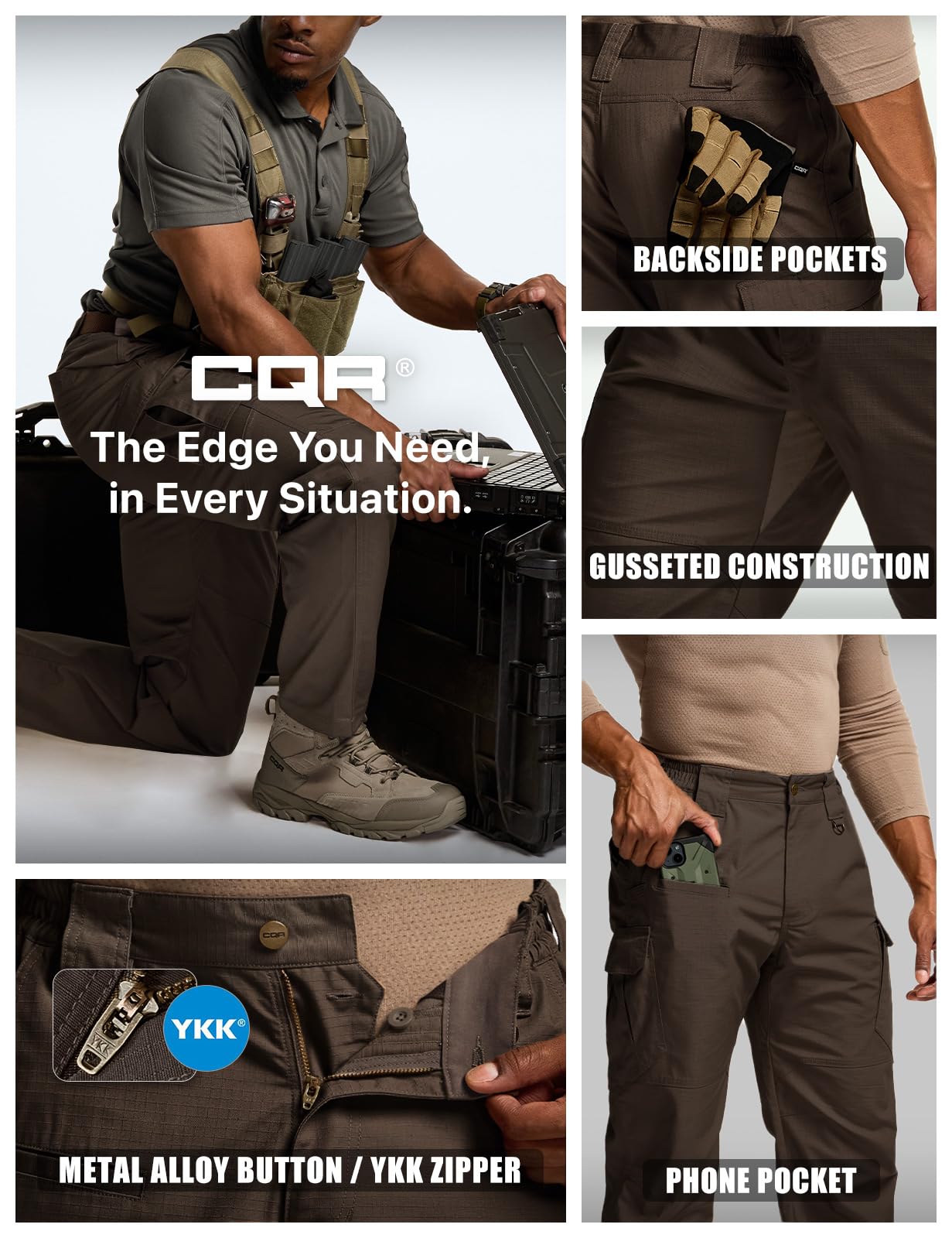 CQR Men's Tactical Pants, Water Resistant Ripstop Cargo Pants, Lightweight EDC Work Hiking Pants, Outdoor Apparel, Raider Mag Pocket Dark Brown, 36W x 32L
