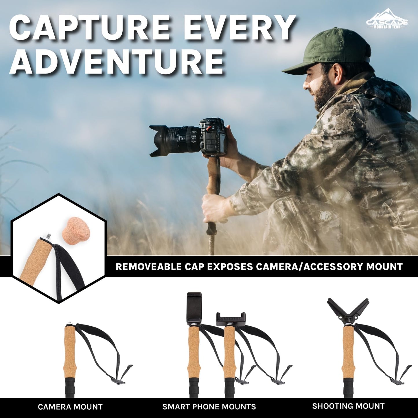 Cascade Mountain Tech Trekking Poles - 2 Piece Carbon Fiber Monopod Walking or Hiking Sticks with with Accessories Mount & Adjustable Quick Locks (Set of 2), Brown