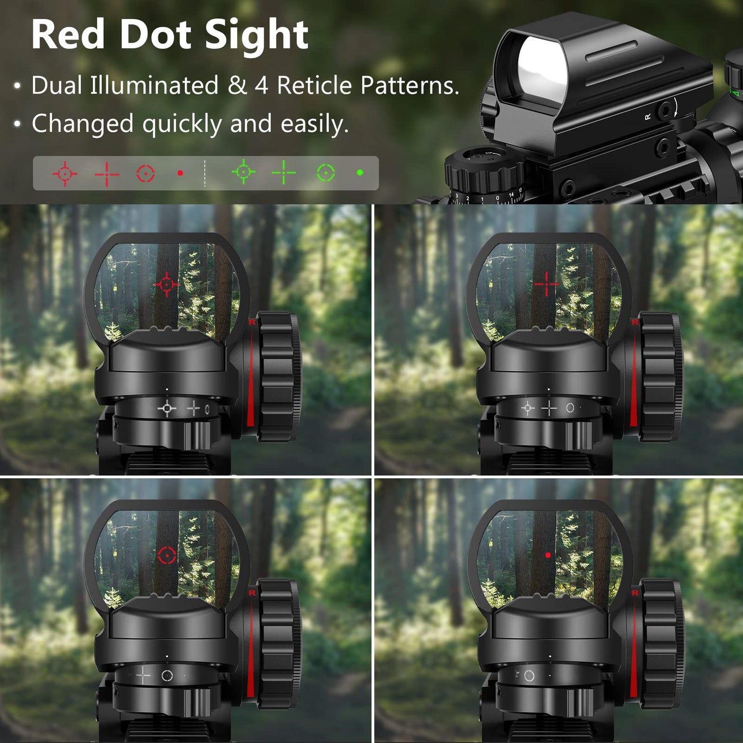 MidTen 3-9x32 4-in-1 Scope Combo with Dual Illuminated Scope Optics & 4 Holographic Reticle Red/Green Dot Sight & IIIA/2MW Laser Sight Rangefinder Illuminated Reflex Sight & 20mm Mount