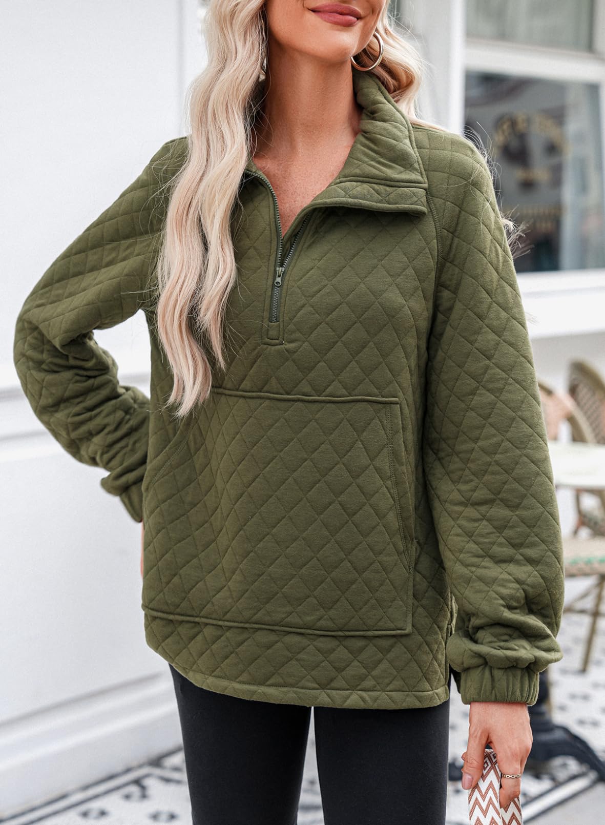 Dokotoo Oversized Sweatshirt for Women Half Zip Pullover Sweatshirt Quarter Zip Hoodies Sweaters Casual Long Sleeve Quilted Jackets Outwear 2024 Green Sweatshirts Tops with Pockets Winter Clothes XXL