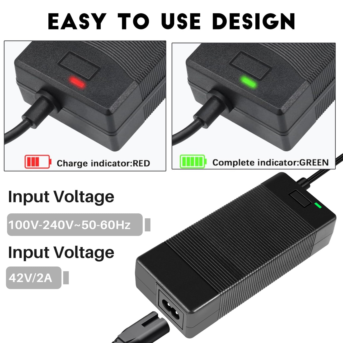 42V 2A Universal Charger,5 in1 Plugs with DC 5.5 * 2.1mm, 8mm/12mm 3 Prong, RCA & 3-Pin XLR Plugs for 36V Li-ion Battery & GOTRAX GXL V2/Nano S3 ION/G2-G4/XR Series Power Adapter