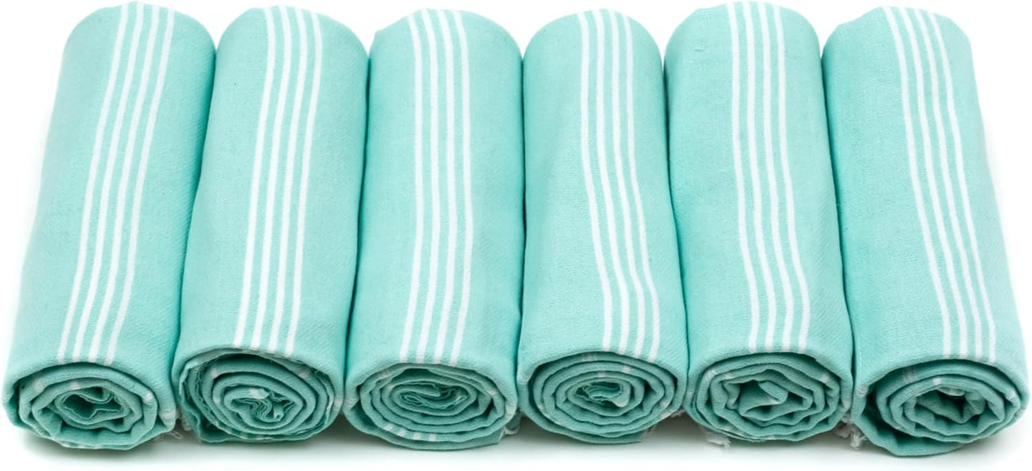 Turkish Beach Towels Set of 6 - Authentic Hamam Peshtemal, 100% Cotton, Oversized 72"x40" | Quick-Dry, Lightweight, Sand Free - Aquamarine
