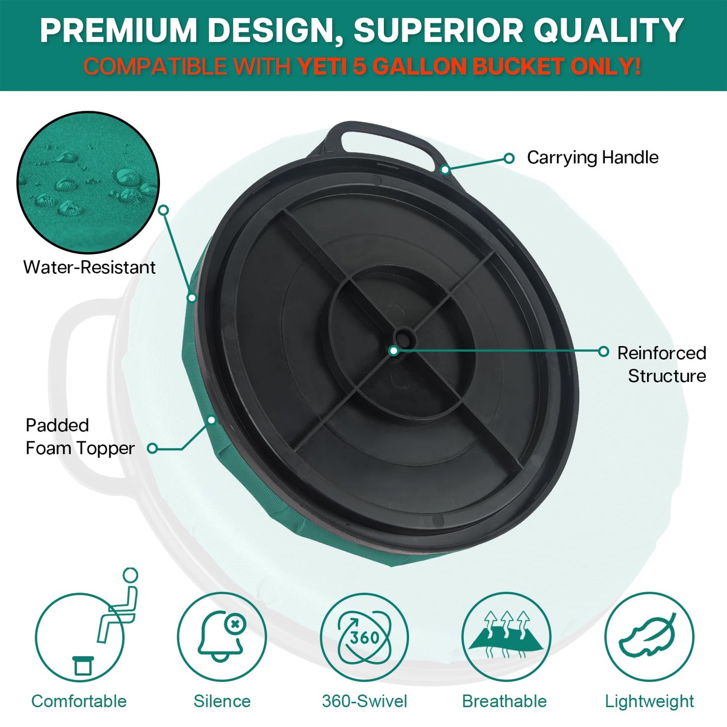 Wizcave 5 Gallon Bucket Seat for YETI Bucket Only, 360-Degree Swivel Bucket Lid Seat, Bucket Lid Cushion 5 Gallon for Fishing, Hunting, Tool Organizer, Car Washing, Gardening, Baseball