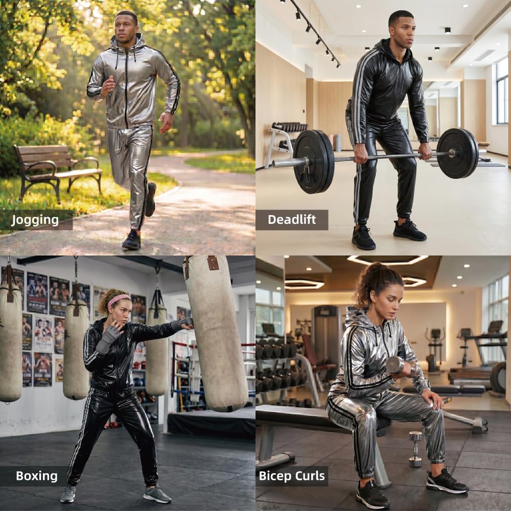 MulYeeh Weight Loss Sweat Suit Anti-Rip Heavy Duty Full-Zip Sauna Suit Fitness Exercise Gym Top Pant with Hood for Men Women