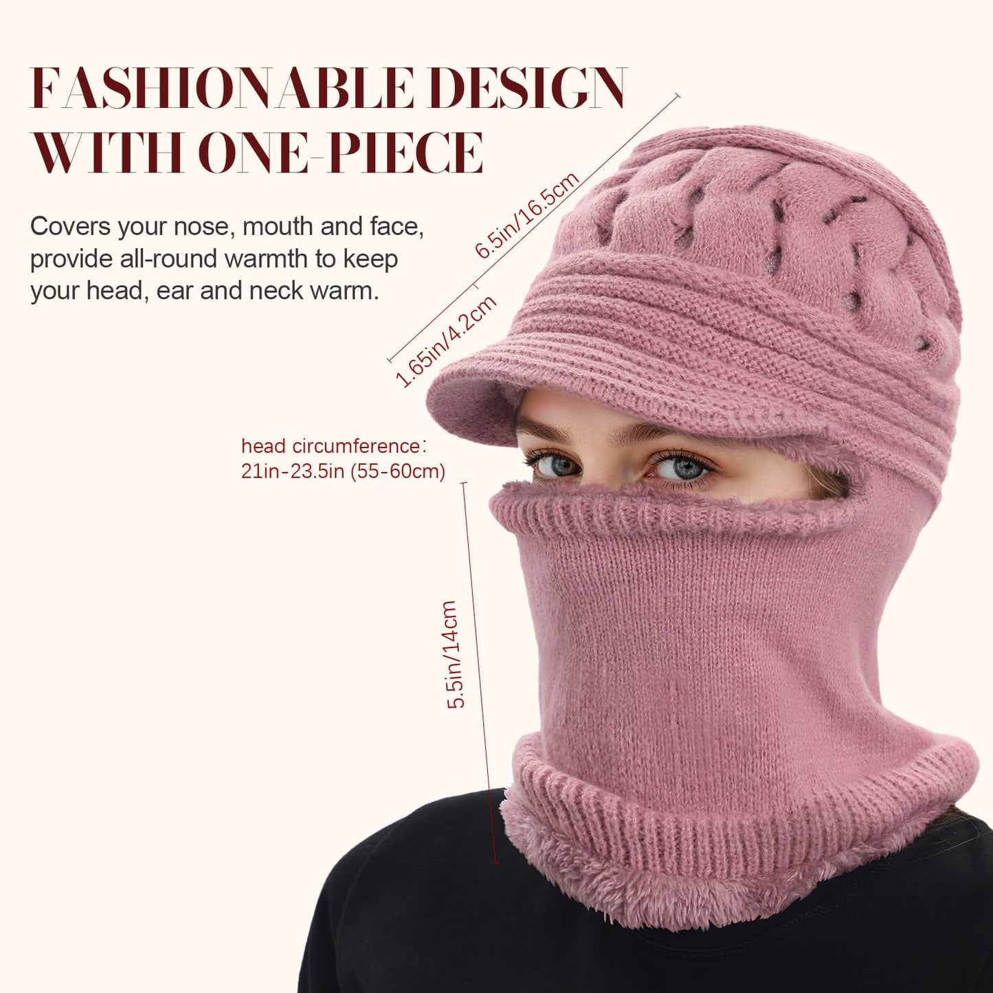 Womens Winter Beanie Hats, Winter Scarf Mask Set for Women One Piece Slouchy Beanie Hats with Visor Brim Fleece Lined, Wine Red 2025