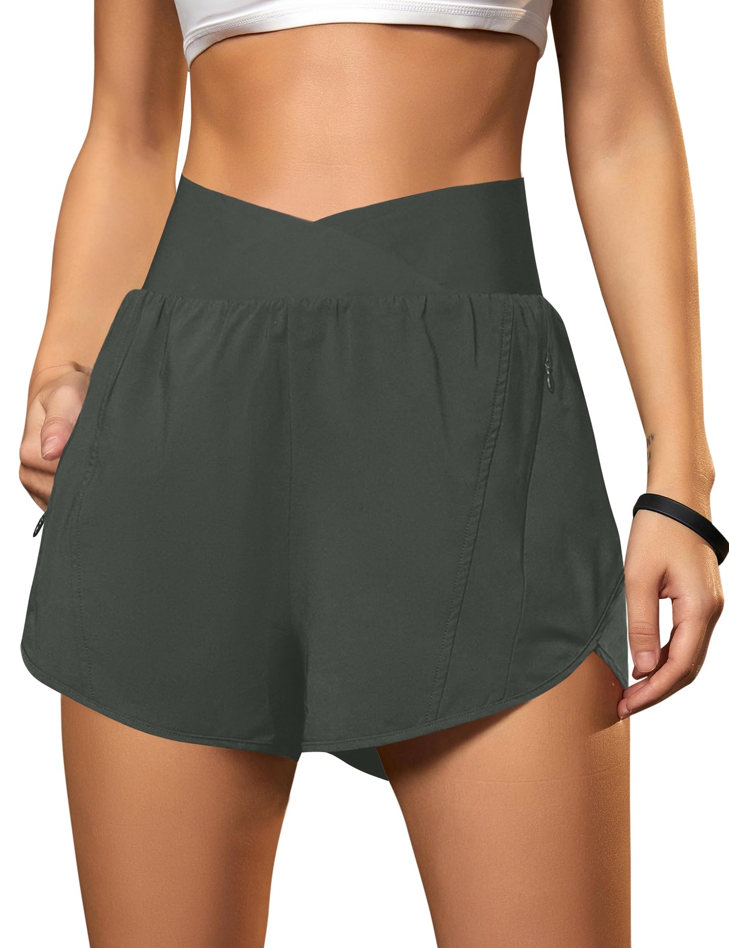 Blooming Jelly Women's Workout Shorts Athletic Running Casual Summer Quick Dry Gym Active Shorts with Zipper Pocket (Dark Green,Large)