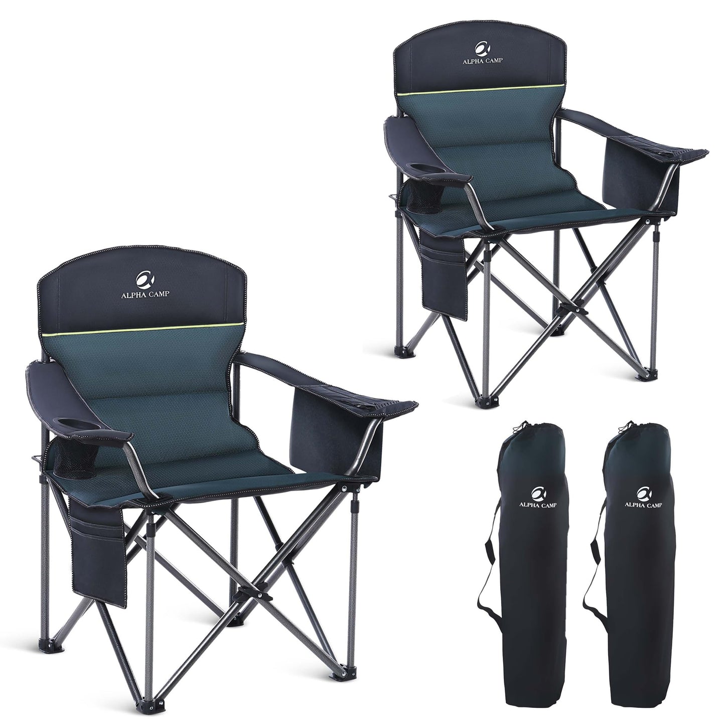 2 Pack Oversized Folding Camping Chairs High Back Heavy Duty Padded Lawn Chair for Adults Support up to 450lbs with Cup Holder, Side Pocket Cooler Bag, Blue