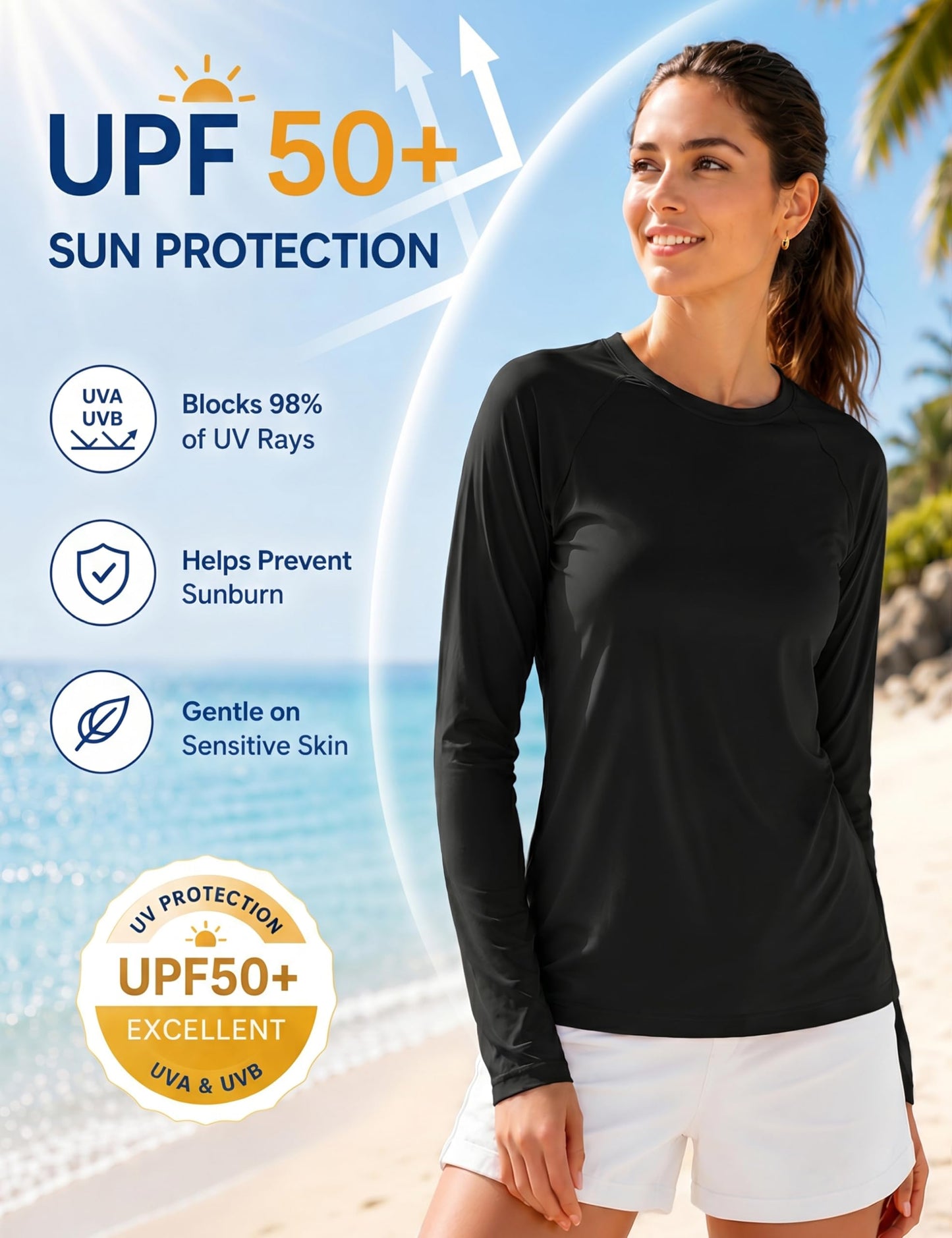 Boladeci Rash Guard for Women Black Long Sleeve Swim Shirts SPF UPF 50 Sun Protection Workout Tops Lightweight M