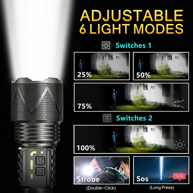 AKISONG X928 70W XHP360 LED Rechargeable Tactical Flashlight 10,000 High Lumen, 2,000ft Long Range Beam Zoomable Waterproof Flashlight with Safety Hammer & USB Output for Camping Hunting Patrol Search
