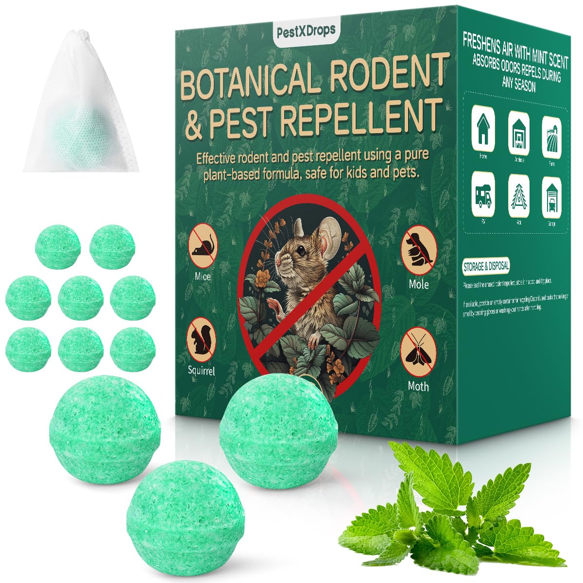 Rodent Mouse Repellent 12 pcs, Peppermint Oil Moth Balls for Mice Rats Deterrent, Natural Pest Control Mothballs for Rodents, Squirrels, Skunk, Mole, Gopher, Pets Safe, Indoor and Outdoor Use