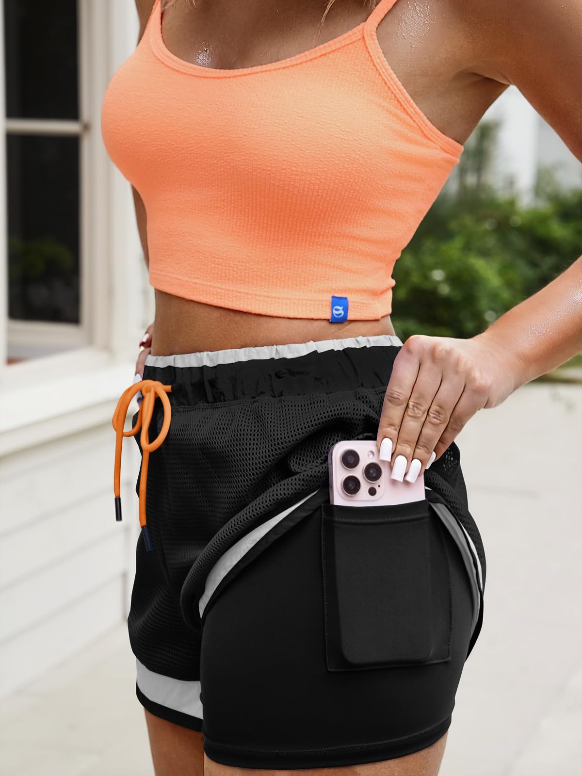 Fisoew Women Athletic Shorts 2 in 1 Running High Split Color Block Workout Yoga Mesh Shorts Pocket Drawstring Black