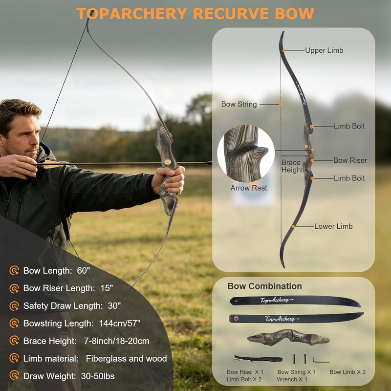 60'' Archery Recurve Bow and Arrow Set - Right Hand 30-50lbs for Adult Target Practice | Includes 6 Fiberglass Arrows