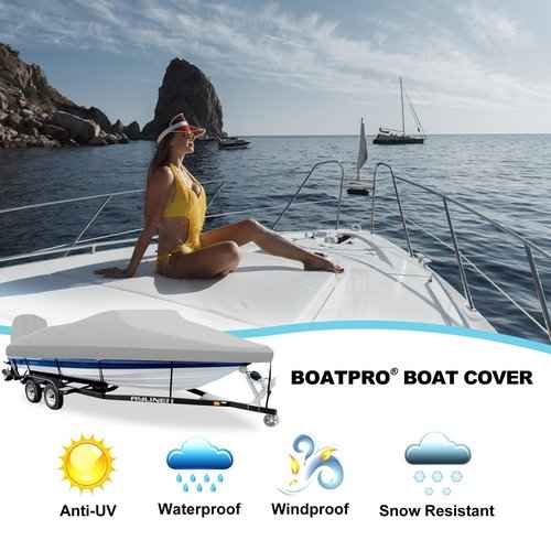 Boatpro Trailerable Boat Cover 14-16ft with Outboard Motor Cover, 900D Marine Canvas Waterproof & UV-Proof Heavy Duty Boat Covers for 14 feet 15ft 16' Foot V-Hull Bass Boat Runabout Boat, Gray