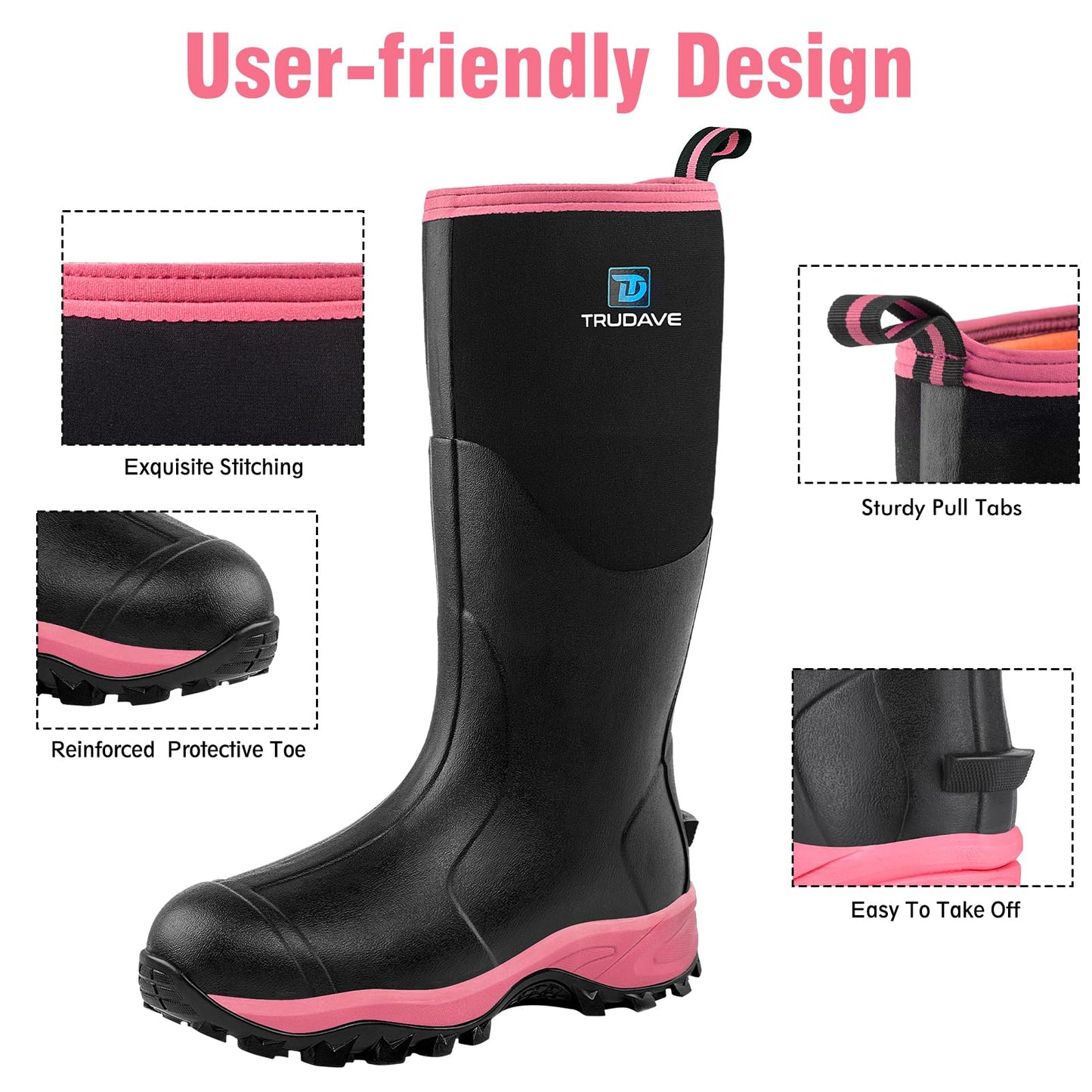 Trudave Rubber Boots for Women with Steel Shank, Waterproof Insulated Mud Rain Boots, 6mm Neoprene Anti-slip Outdoor Work Boots, Pink, Size 8