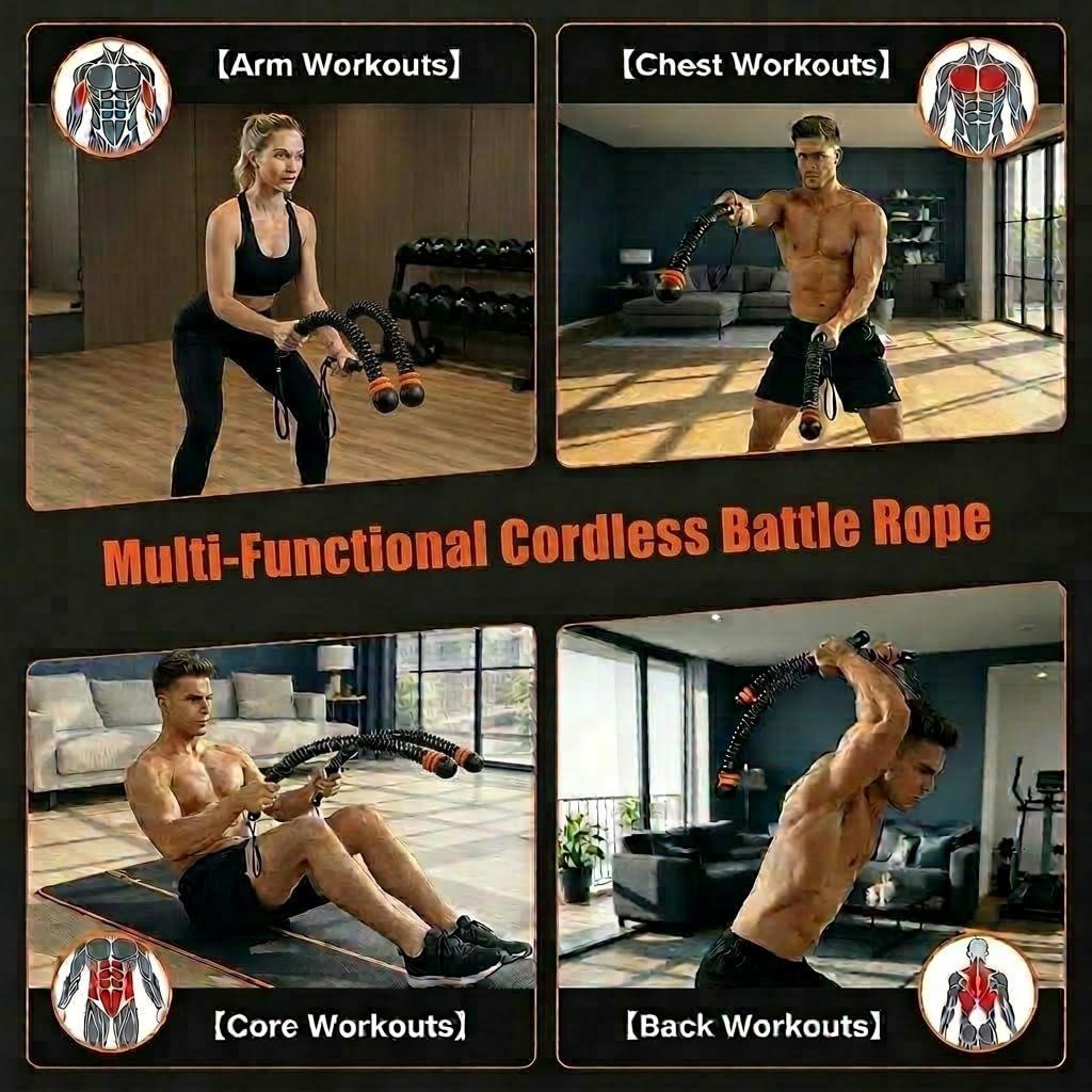 Portable Ropeless Battle Ropes, Weight-Adjustable Battle Ropes for Home Gym with Storage Bag, Low-Noise Battle Rope with Non-slip Handle, Cordless BattleRopes for Hiit & Low-Impact Cardio Training