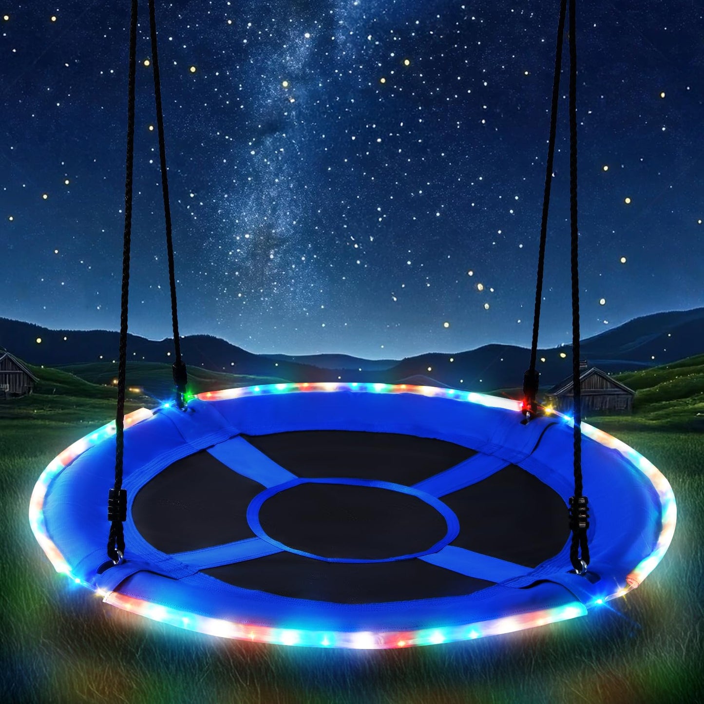 Trekassy 700lbs 40” Saucer Tree Swing with LED Lights for Kids Adults Outdoor 2 Tree Hanging Straps-Blue