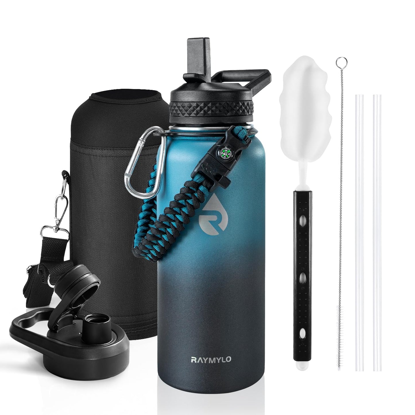 RAYMYLO Insulated Water Bottle 32 oz, Triple Wall Vacuum Stainless Steel (Cold for 48 Hrs, Hot for 24Hrs), Leak Proof & Non-BPA, 32oz Hydro Water Flask with Paracord Handle & Straw Spout Lids