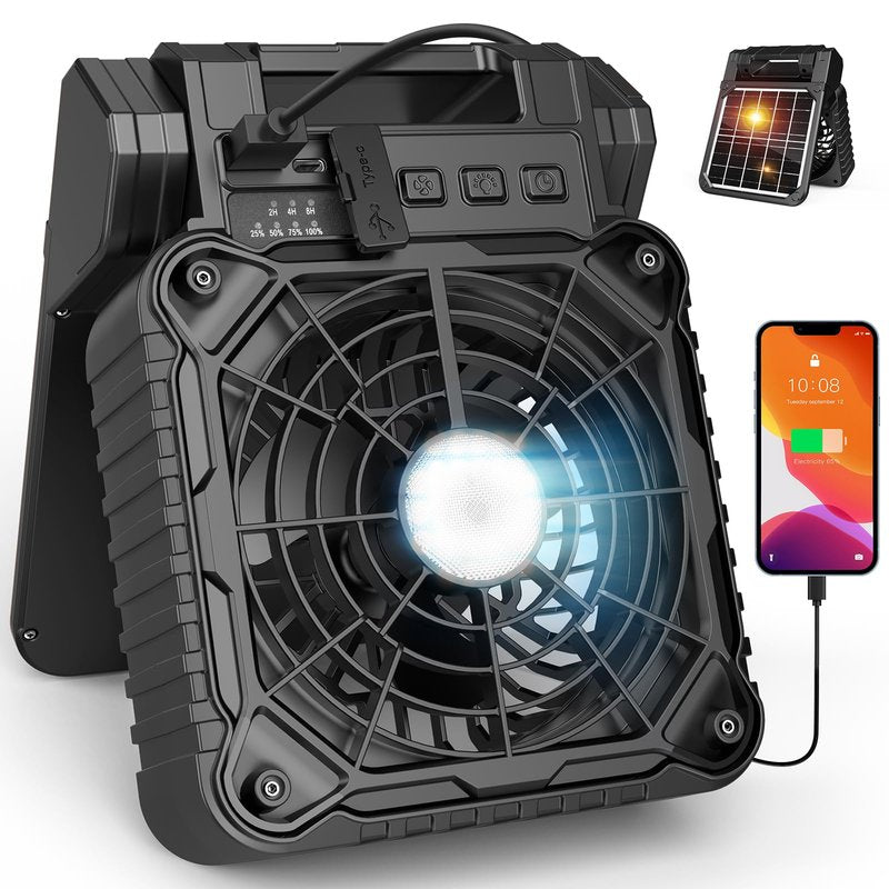 JINLICTE Solar Camping Fan with LED Lantern, 10400mAh 10W Solar Panel fan, Quiet Battery Operated Tent Fan for Picnic, Barbecue, Fishing, Travel