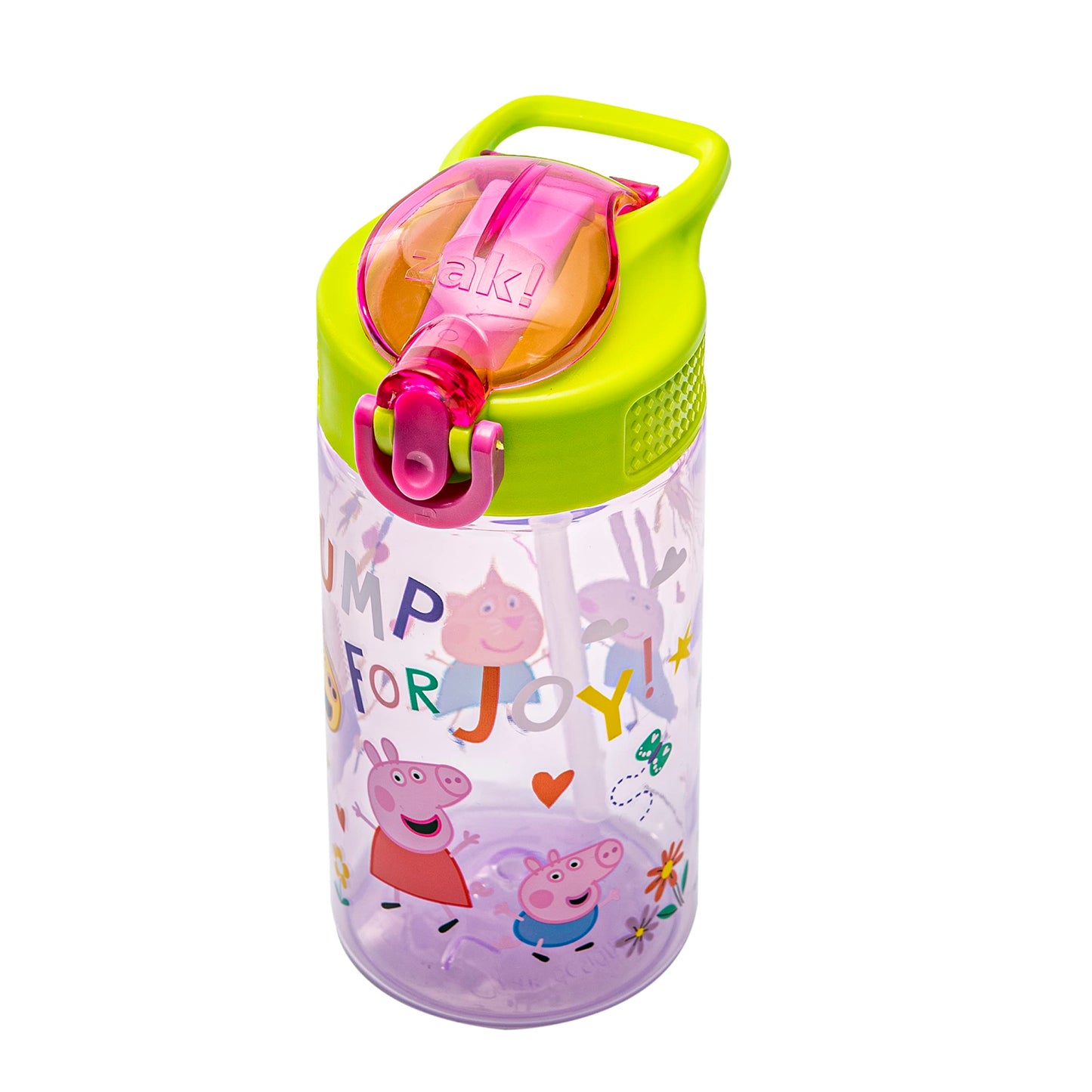 Zak Designs Peppa Pig Kids Water Bottle For School or Travel, 16oz Durable Plastic Water Bottle With Straw, Handle, and Leak-Proof, Pop-Up Spout Cover (Peppa & Friends)