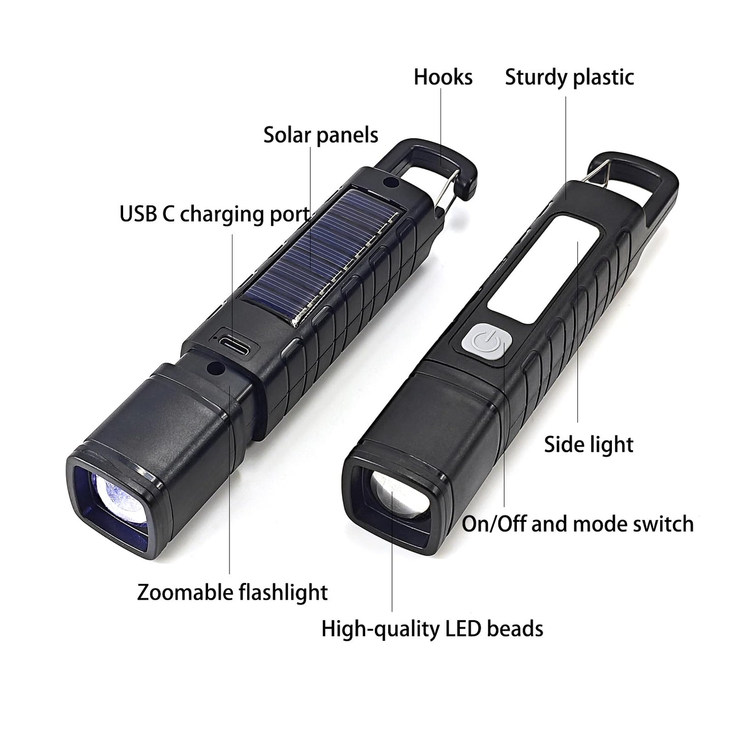 Hilngav 2 Pack Solar Flashlight, Rechargeable Zoomable LED Flashlight, High Lumens Solar Powered Flashlights with Tail Hook Rechargeable Handheld Flashlights for Home Emergency Camping Hiking