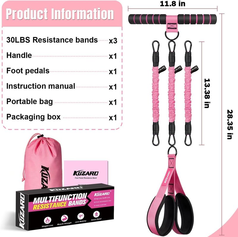 KUZARO Multifunction Resistance Bands - Adjustable 3 Tube Workout Set for Abdomen, Arms & Legs | Ideal for Women