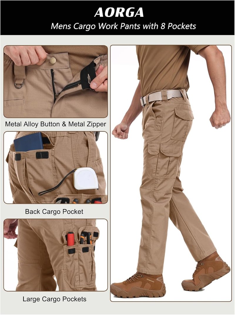 Men's Tactical Cargo Pants - Water Resistant, Breathable, Elastic Waist | 8 Pockets for Outdoor Use