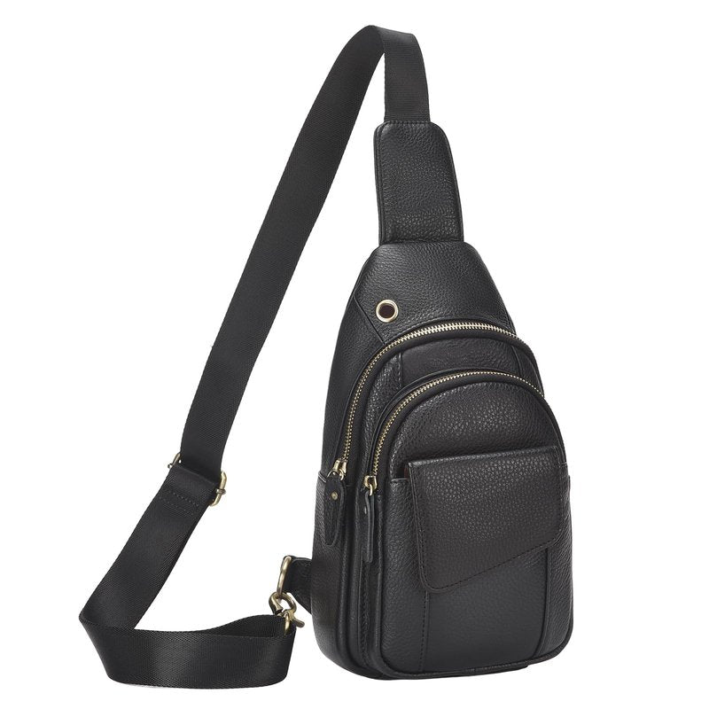 SUIKIHUM Full-Grain Leather Crossbody Bags for Men Women, Genuine Leather Sling Bag, Trendy Casual Chest Bag, Black