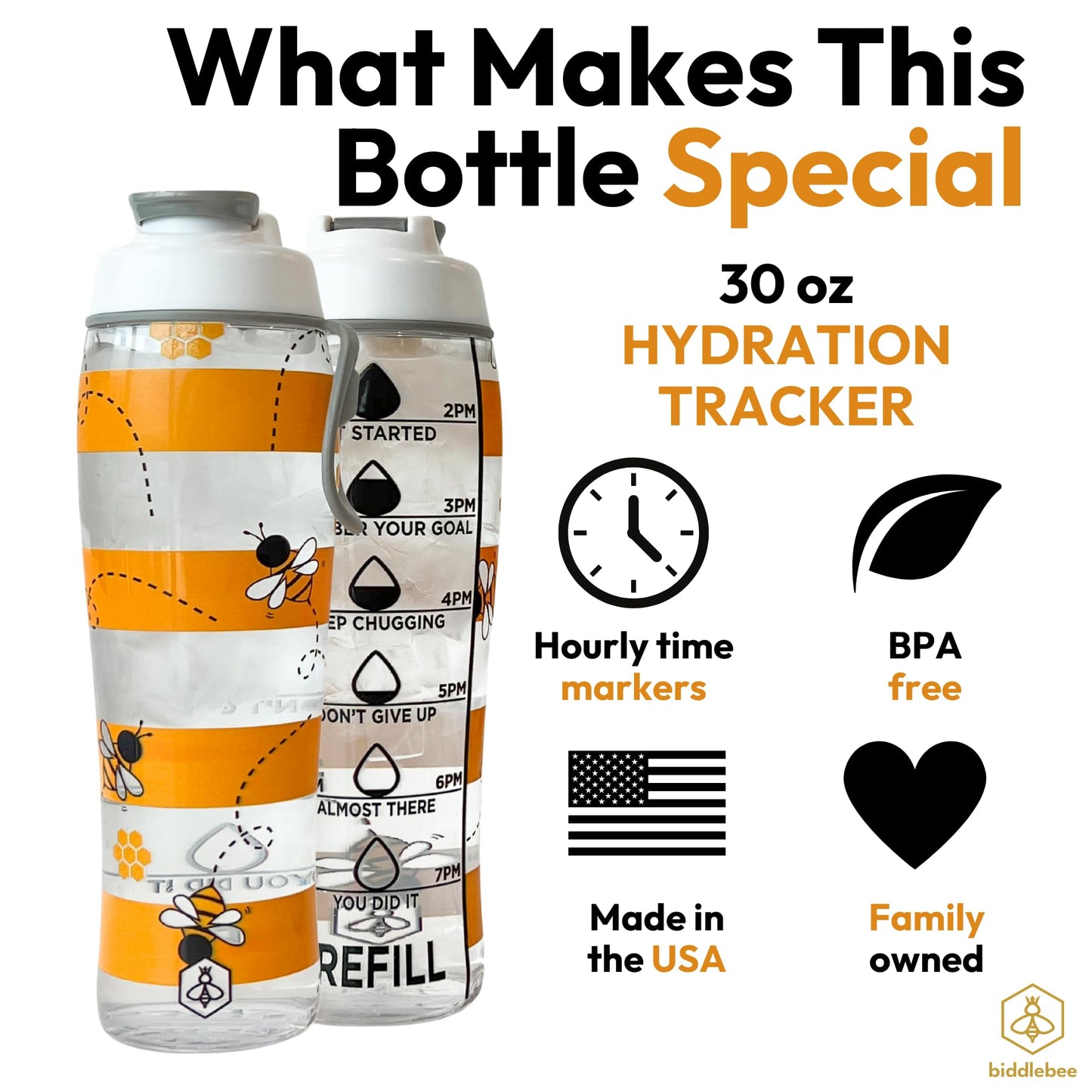 Biddlebee Hydration Tracker Water Bottles with Times To Drink | Motivational Water Bottle with Time Marker | BPA Free Gym Water Bottle with Chug Cap & Carry Loop