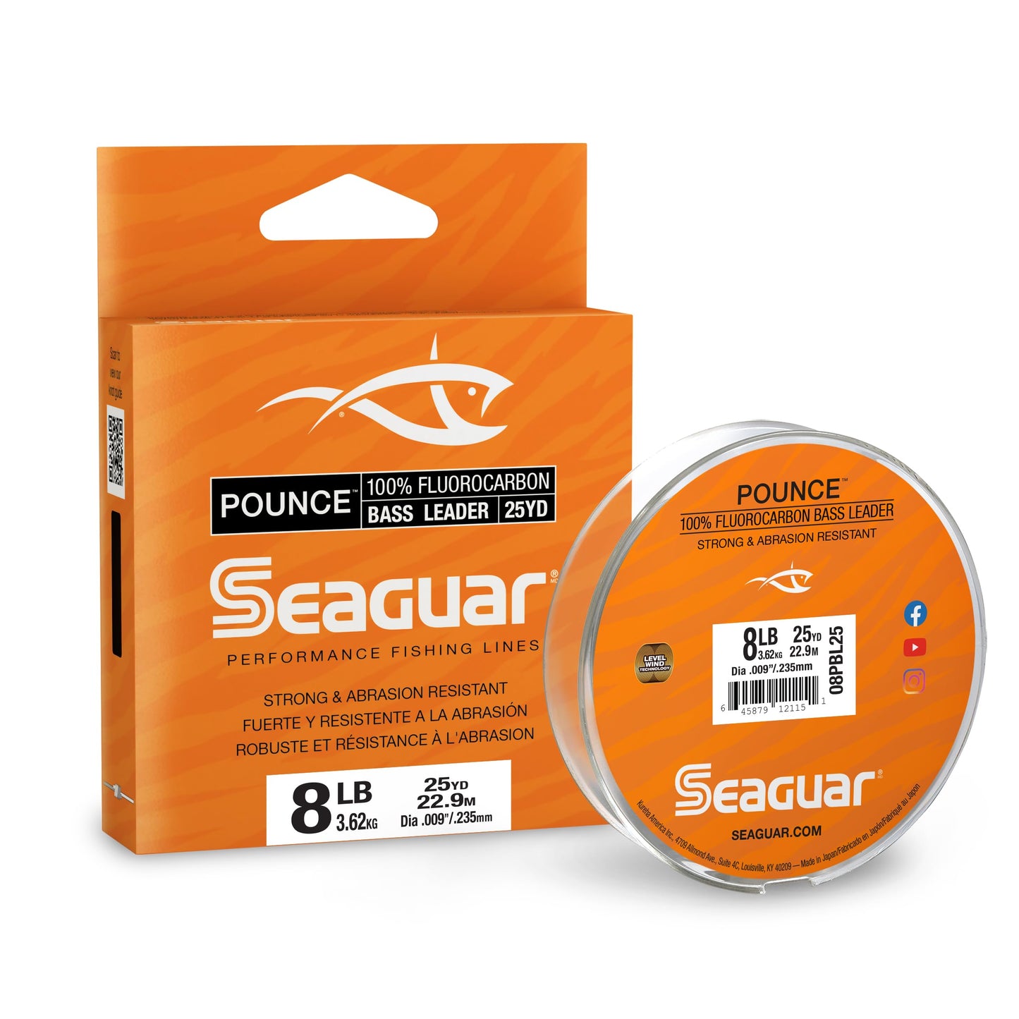 Seaguar Pounce Bass Fishing Leader, 100% Fluorocarbon, 8lbs, 25yd Spool - 08PBL25