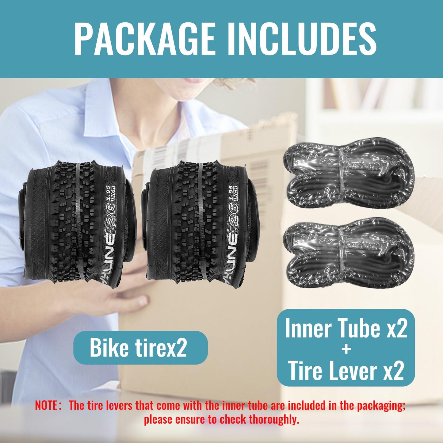 26-inch Mountain Bike Tires Set: Hycline 2-Pack 26x1.95 inch (54-559mm) Folding Replacement Puncture-Resistant Bicycle Tires and Pair 26-inch Inner Tubes with Tire Levers for MTB Off-Road Bike