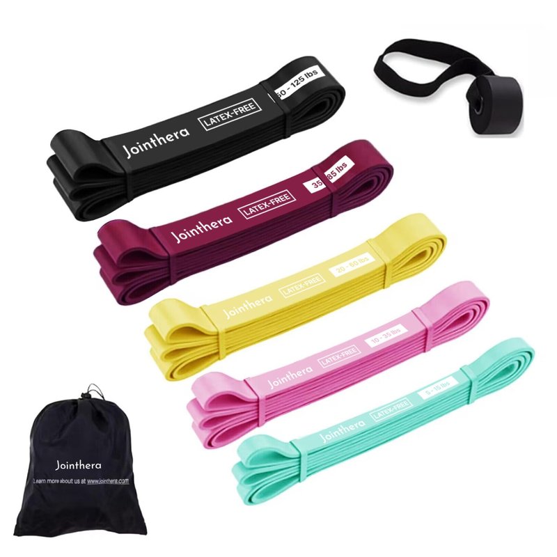 JOINTHERA Premium Latex Free Resistance Bands for Working Out - Set of 5 + Carrying Bag | Non Latex Pull Up Loop Workout Bands Resistance for Women and Men | Stretching, Exercise and Muscle Training